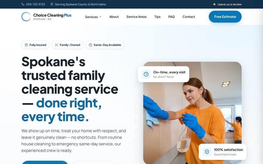 Homepage of Choice Cleaning Plus, a residential & commercial cleaning website built by Granular Concept