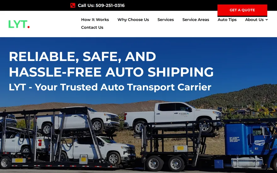 Homepage of LYT Auto Ship, a vehicle shipping website built by Granular Concept