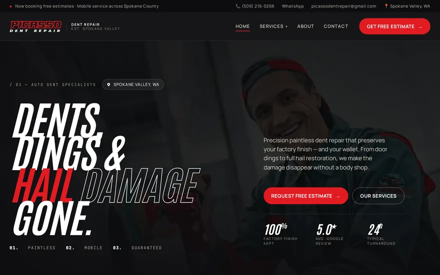 Homepage of Picasso Dent Repair, a paintless dent repair website built by Granular Concept
