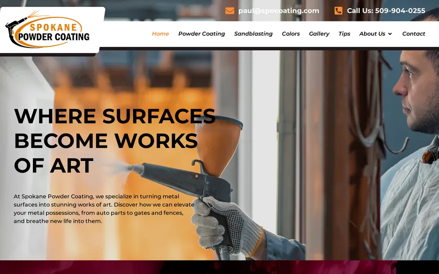 Homepage of Spokane Powder Coating, a powder coating & sandblasting website built by Granular Concept