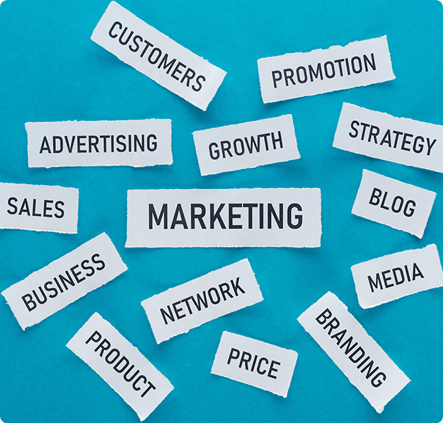 The words ''Marketing'', ''Advertising'', ''Growth'', ''Blog'', ''Network'', ''Strategy'', ''Business'', ''Product'' on white paper and blue background